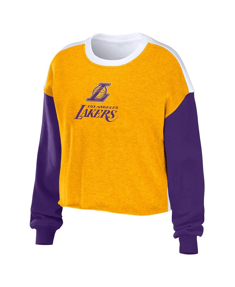 Women's Wear by Erin Andrews Heather Gold Los Angeles Lakers Mixed Letter Cropped Pullover Sweatshirt