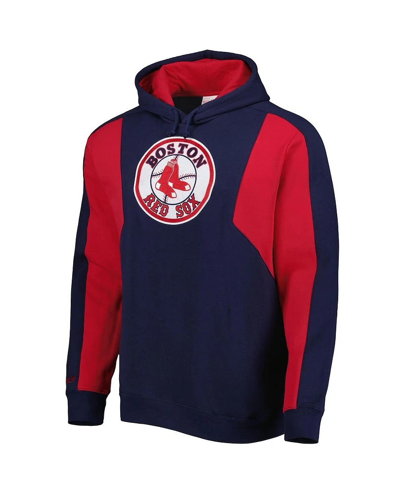 Men's Mitchell & Ness Navy, Red Boston Sox Colorblocked Fleece Pullover Hoodie
