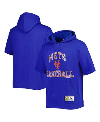 Men's Mitchell & Ness Royal New York Mets Cooperstown Collection Washed Fleece Pullover Short Sleeve Hoodie