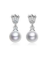 Gv Sterling Silver White Gold Plated White Round Freshwater Pearl with Clear Baguette Cubic Zirconia Drop Earrings