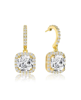 Gv Sterling Silver with 14K Gold Plated Clear Cushion with Round Cubic Zirconia Halo Drop Earrings