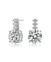 Gv Sterling Silver with White Gold Plated Clear Round Cubic Zirconia Linear Drop Earrings