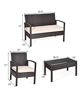 4PCS Patio Rattan Conversation Furniture Set Cushioned Seat
