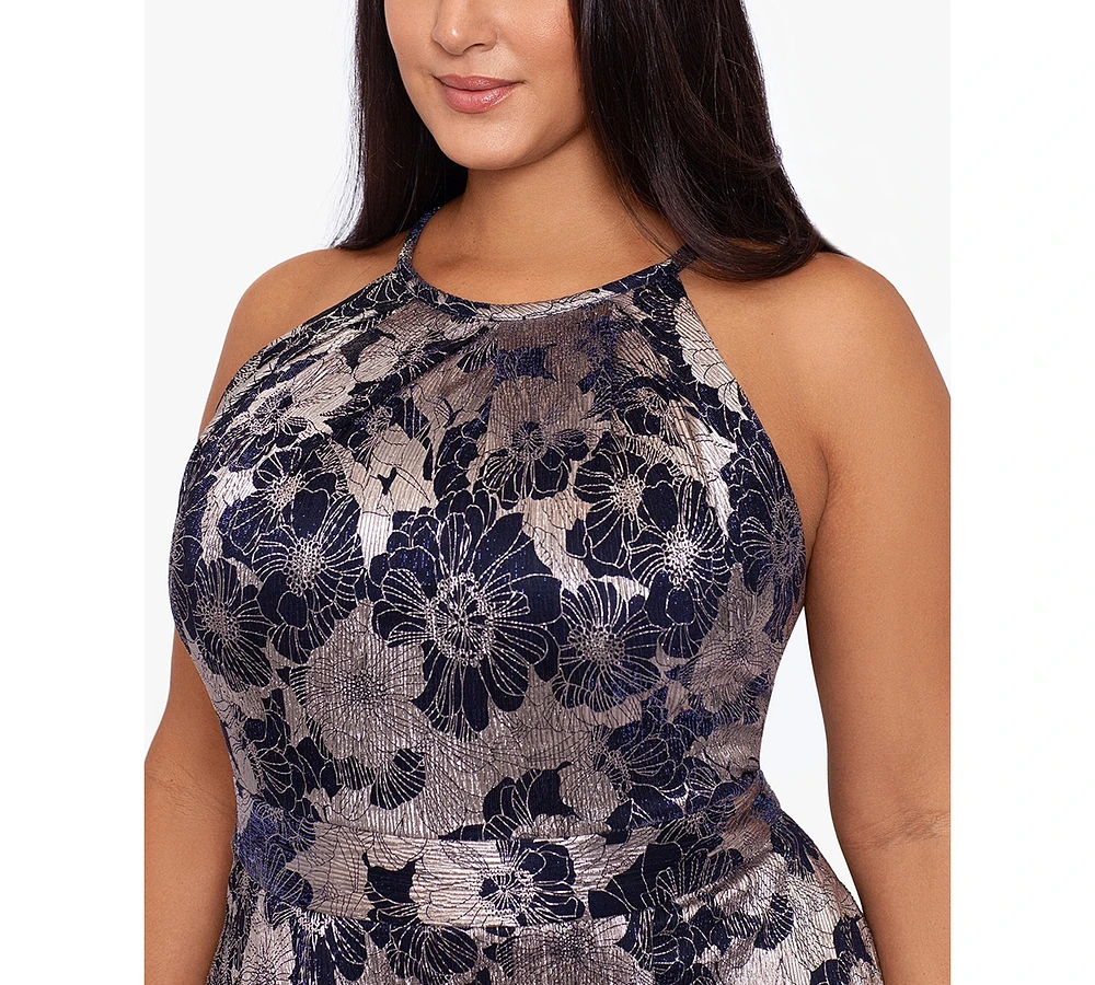 Betsy & Adam Plus Size Floral Foil Print Halter-Neck Gown