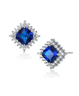 Genevive Cubic Zirconia Sterling Silver White Gold Plated Blue Square Shape Earrings