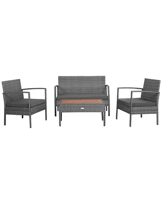 4PCS Patio Rattan Furniture Set Cushioned Chair Wooden Tabletop