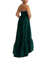 Alfred Sung Women's Strapless Deep Ruffle Hem Satin High Low Dress with Pockets