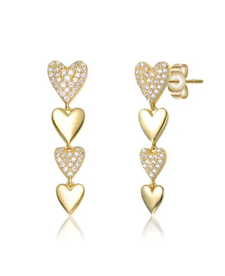 Sterling Silver 14k Yellow Gold Plated with Cubic Zirconia Double Stampato Heart Dangle Earrings
