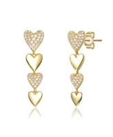 Sterling Silver 14k Yellow Gold Plated with Cubic Zirconia Double Stampato Heart Dangle Earrings