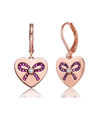 Sterling Silver with Pink Bow Heart Cubic Zirconia Leverback Earrings