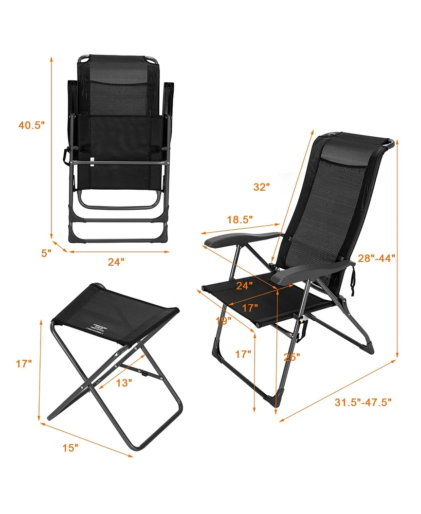 4PCS Patio Folding Dining Chair Ottoman Set Adjustable Back Camp