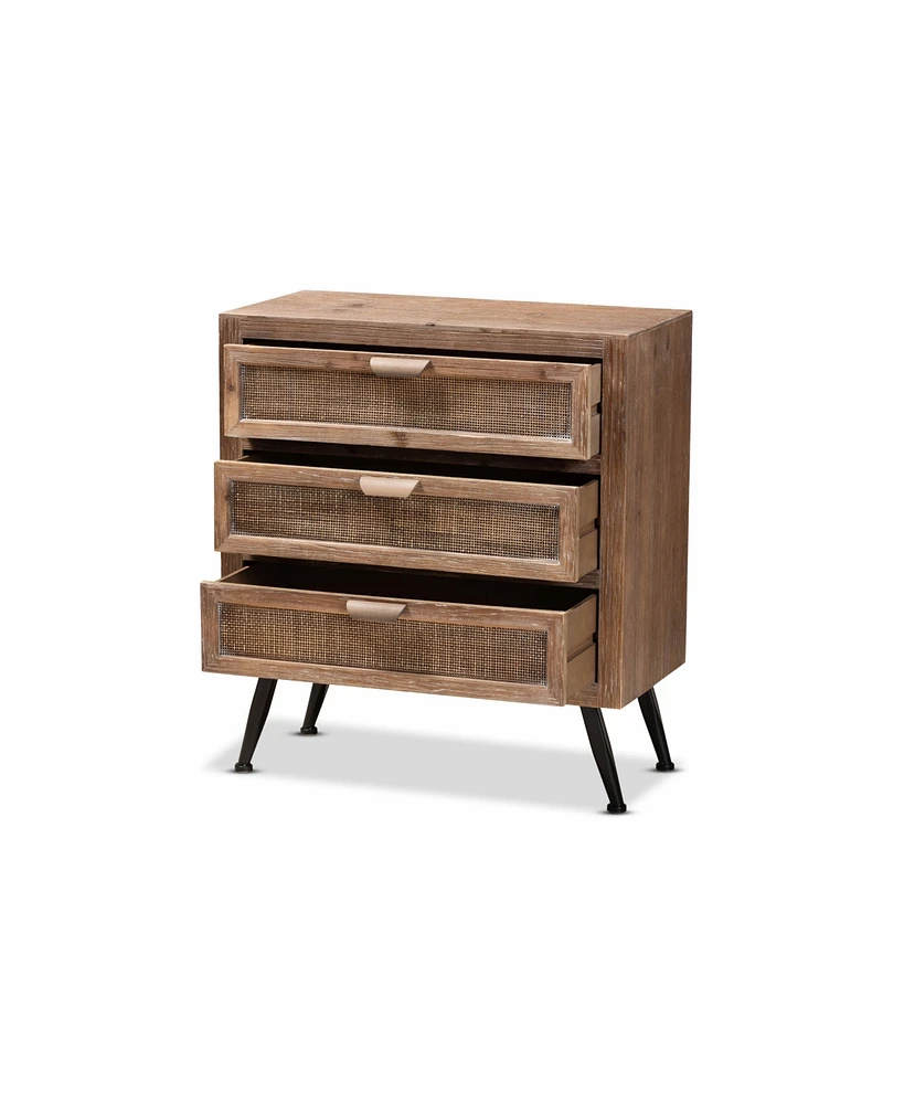 Baxton Studio Calida Mid-Century Modern 30.7" Whitewashed Finished Wood and Rattan 3-Drawer Storage Cabinet
