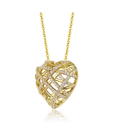 Sterling Silver 14k Yellow Gold Plated with Cubic Zirconia Knotted Ribbon 3D Puffed Heart Pendant Necklace