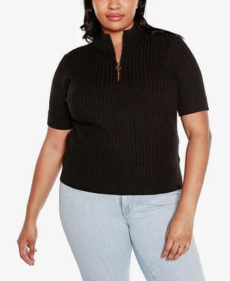 Belldini Black Label Plus Mock Neck Zip Front Ribbed Short Sleeve Sweater