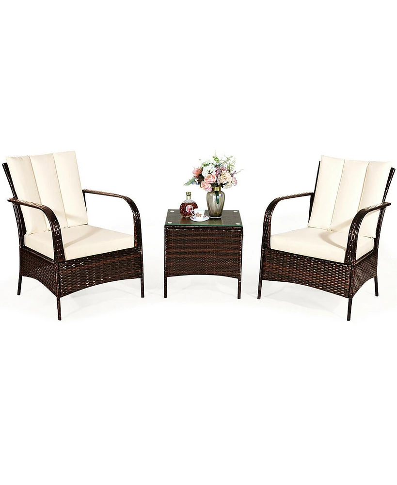 3 Pcs Patio Rattan Furniture Set Coffee Table & 2 Rattan Chair