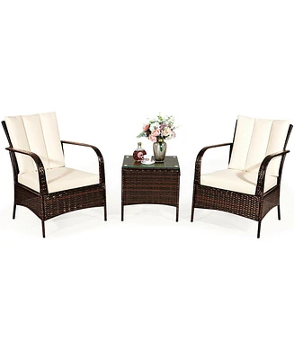 3 Pcs Patio Rattan Furniture Set Coffee Table & 2 Rattan Chair