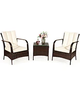 3 Pcs Patio Rattan Furniture Set Coffee Table & 2 Rattan Chair