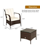 3 Pcs Patio Rattan Furniture Set Coffee Table & 2 Rattan Chair