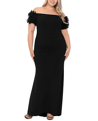 Xscape Plus Off-The-Shoulder Scuba-Crepe Gown