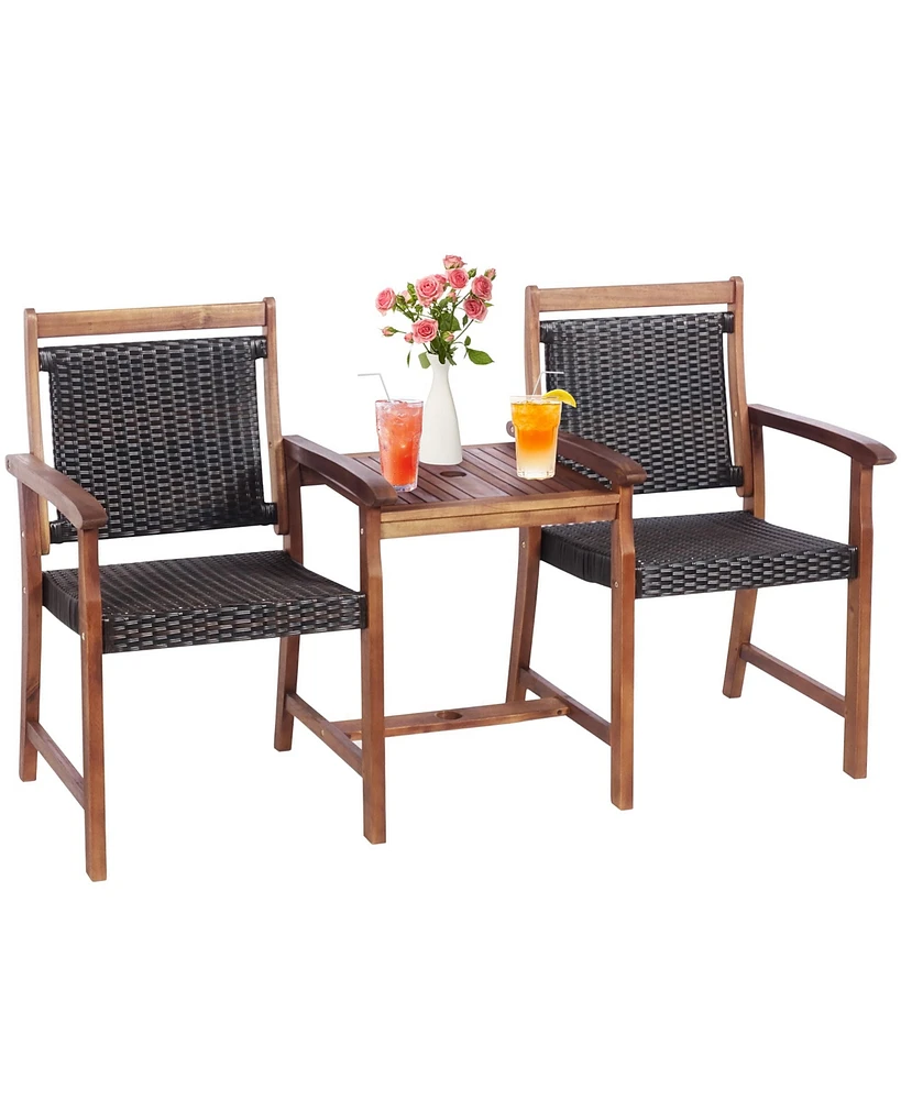 2-Seat Patio Rattan Bench Acacia Wood Frame Table W/Umbrella Hole Deck