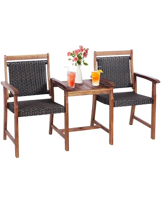 2-Seat Patio Rattan Bench Acacia Wood Frame Table W/Umbrella Hole Deck