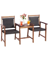 2-Seat Patio Rattan Bench Acacia Wood Frame Table W/Umbrella Hole Deck