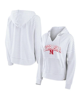 Women's Fanatics White Nebraska Huskers Striped Notch Neck Pullover Hoodie