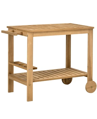 Outsunny Outdoor Wood Bar Cart Patio Serving Cart with Wine Holders, Natural