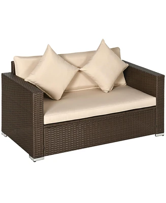 Outsunny Wicker Loveseat, Patio Furniture Couch, Padded Outdoor Sofa,