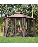 Outsunny 13' x 13' Party Tent, 2 Tier Canopy Hexagon, Mesh, Curtains,