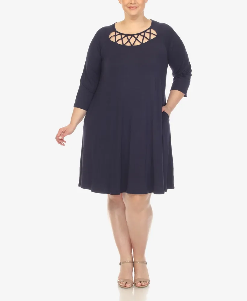 White Mark Plus Criss Cross Neckline 3/4 Sleeve Swing Dress