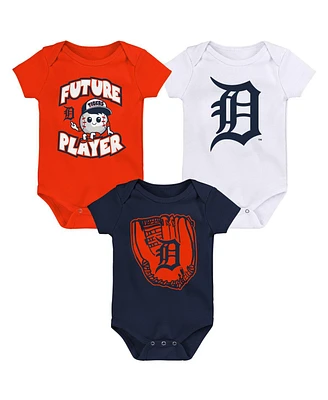 Newborn and Infant Boys Girls Orange, Navy, White Detroit Tigers Minor League Player Three-Pack Bodysuit Set