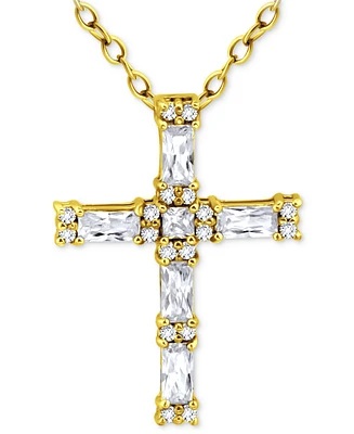 Giani Bernini Cubic Zirconia Baguette & Round Cross Pendant Necklace, 16" + 2" extender, Created for Macy's