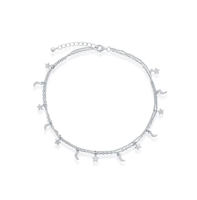 Simona Sterling Silver Moon and Star Double Strand Anklet
