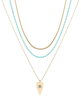 Unwritten 14k Gold Flash Plated Reconstituted Turquoise Stone and Evil Eye Heart Layered Pendant Necklaces, 3 Piece Set