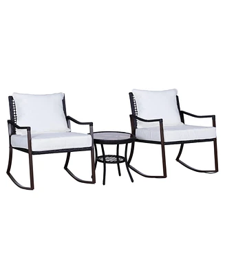 Outsunny 3PC Outdoor Pe Wicker Rocking Chair Set, Cushions, 2-Tier Table