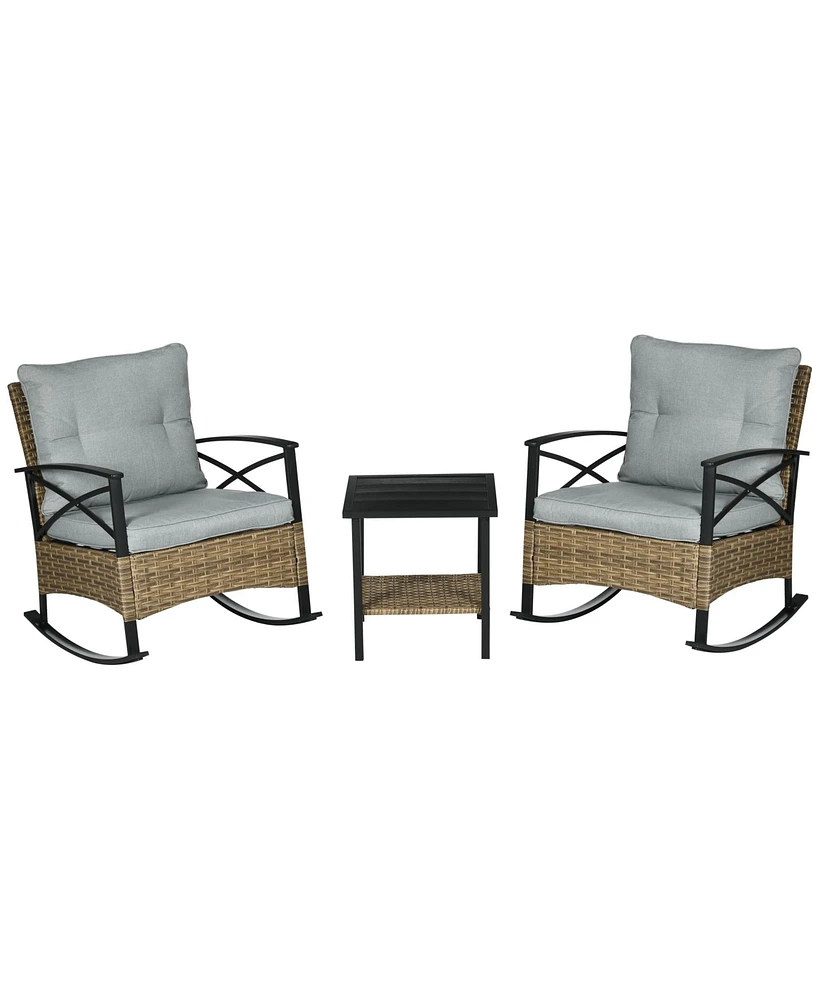 Outsunny 3pc Rocking Chair Set w/ Cushions, Wicker Bistro Set