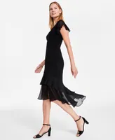 Tommy Hilfiger Women's V-Neck Chiffon-Trim Midi Dress with Flutter Sleeves