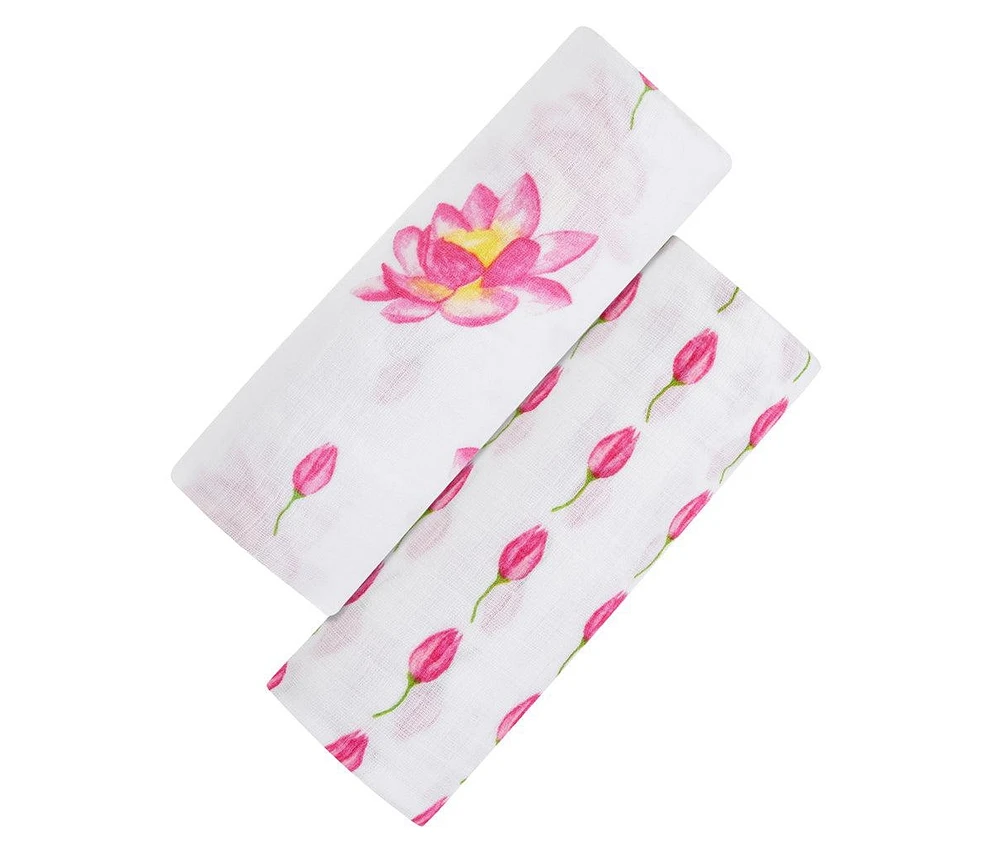 Malabar Baby Baby Gots Certified Organic Muslin Swaddle - Two-Pack Gift Set, Enchanted Garden (Magical Lotus + Flower Bud)