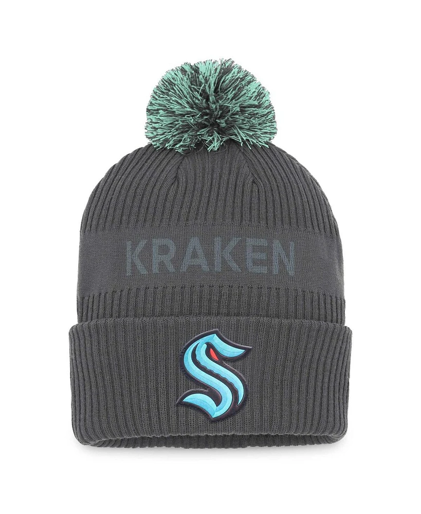 Men's Fanatics Charcoal Seattle Kraken Authentic Pro Home Ice Cuffed Knit Hat with Pom