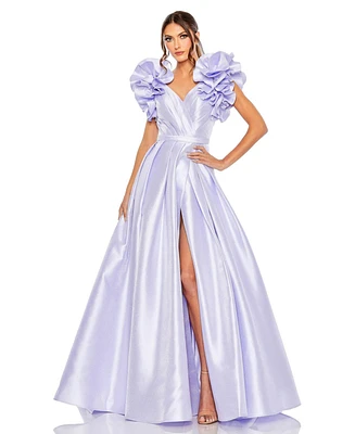 Mac Duggal Women's Flutter Sleeve V Neck Front Slit Ball Gown