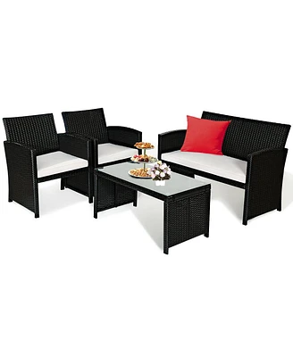 4PCS Patio Rattan Furniture Conversation Set Cushioned Sofa Coffee Table Garden