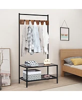 3 in 1 Industrial Coat Rack Shoe Bench Hall Tree Entryway Storage Shelf w/ Hooks