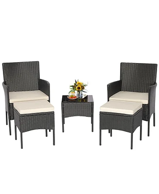 5PCS Patio Rattan Furniture Set Cushioned Sofa Ottoman Armrest Side Table Garden
