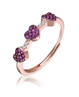 Sterling Silver 18k Rose Gold Plated with Red & Cubic Zirconia Pave Hearts Promise Adjustable Ring