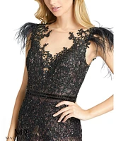 Mac Duggal Women's Embellished Feather Cap Sleeve Illusion Neck Trump