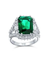 Bling Jewelry 7CT Cubic Zirconia Cz Pave Rectangle Green Emerald Cut Statement Fashion Ring Rhodium Plated Brass