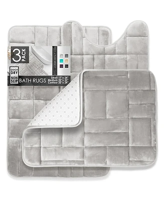 3 Piece Ultra Soft Non-Slip Plush Memory Foam Bath Rug Set - Small, Large & Contour Tiled Design