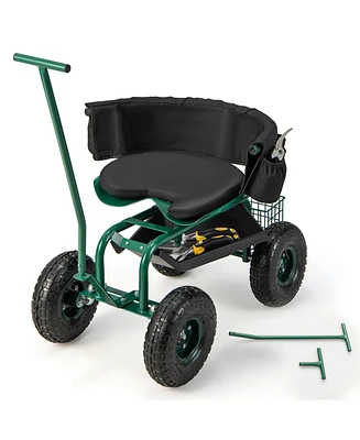Rolling Garden Cart Outdoor Gardening Workseat with Adjustable Height &Tool Storage