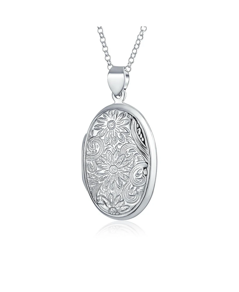 Bling Jewelry Embossed Sunflower Photo Oval Lockets That Hold Pictures Sterling Silver Locket Necklace